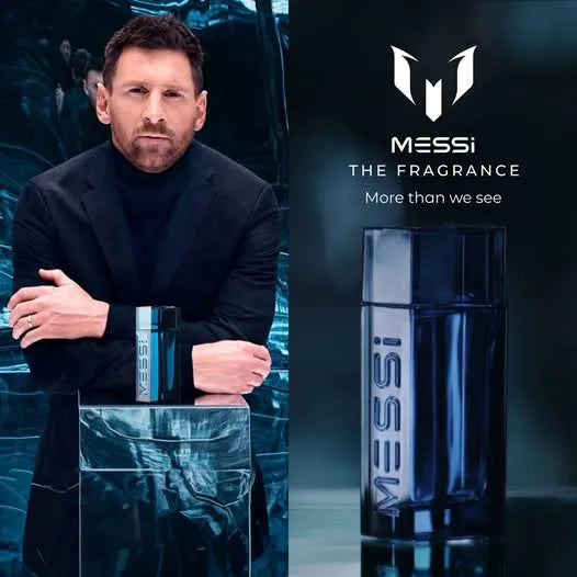 Detalle del frasco del perfume Messi resaltando el tapón metálico y el diseño minimalista