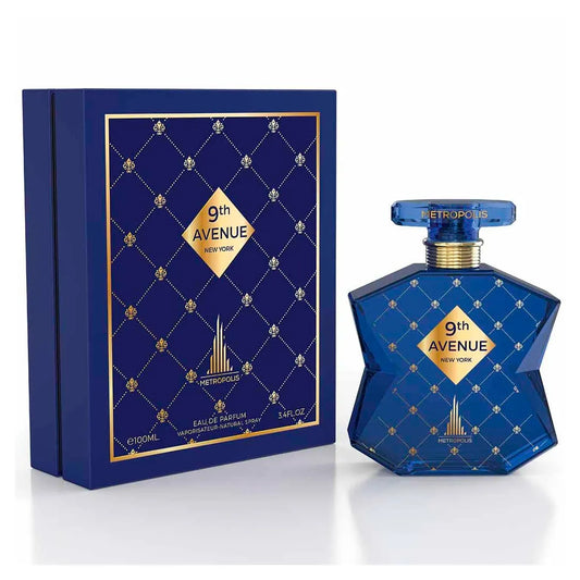 perfume metropolis 9th avenue new york eau de parfum 100ml frasco transparente rectangular con tapa plateada y etiqueta negra