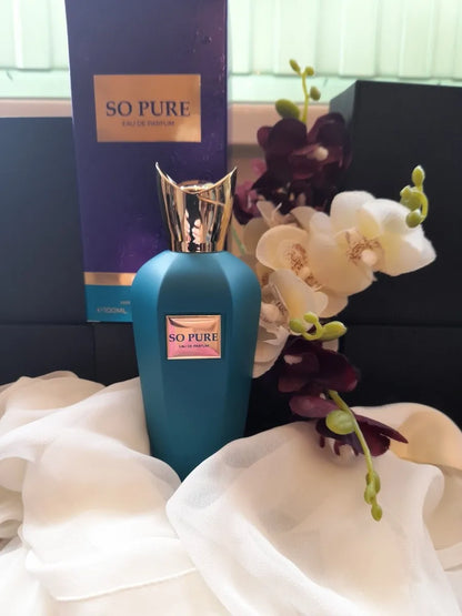 Perfume Milestone Emper So Pure 100ml junto a su caja original color blanco con diseño minimalista