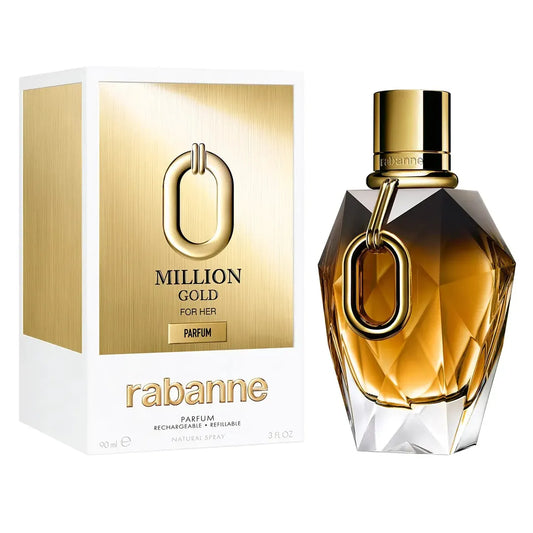imagen del perfume Million Gold For Her Paco Rabanne parfum 90ml en vista frontal mostrando el diseño del frasco