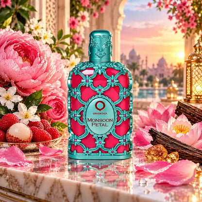 vista completa de orientica monsoon petal edp 80 ml, fragancia fresca unisex