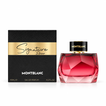 Frasco y caja de Montblanc Signature Elixir Eau de Parfum de 90 ml para mujer sobre fondo blanco