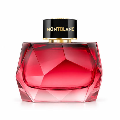 Frasco rojo facetado con tapa negra de Montblanc Signature Elixir Eau de Parfum de 90 ml para mujer sobre fondo blanco