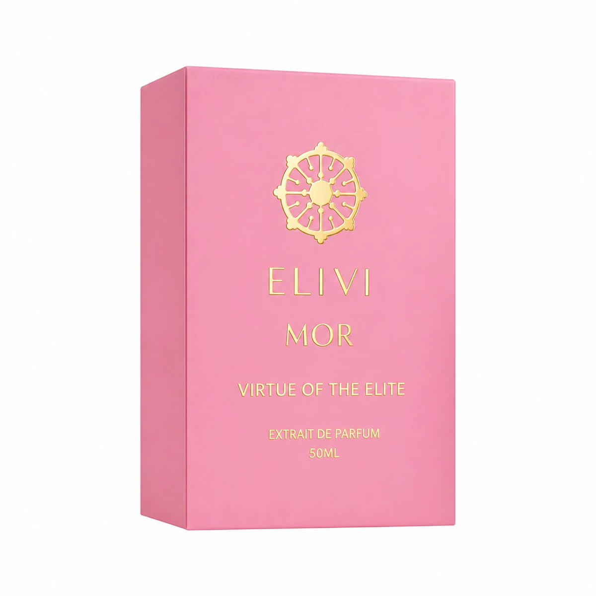 Empaque rosa de Elivi Mor Virtue of the Elite Extrait de Parfum de 50 ml con emblema y letras doradas sobre fondo blanco