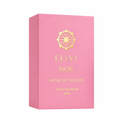 Empaque rosa de Elivi Mor Virtue of the Elite Extrait de Parfum de 50 ml con emblema y letras doradas sobre fondo blanco