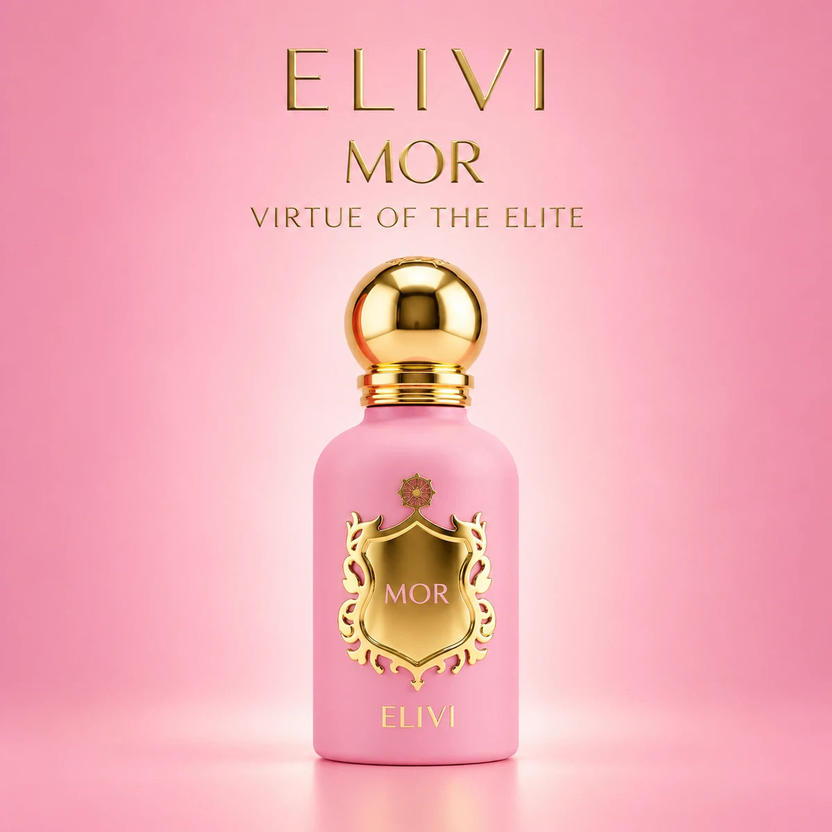 Elivi Mor Virtue of the Elite de 50 ml sobre fondo rosa degradado con la marca y la referencia en letras doradas