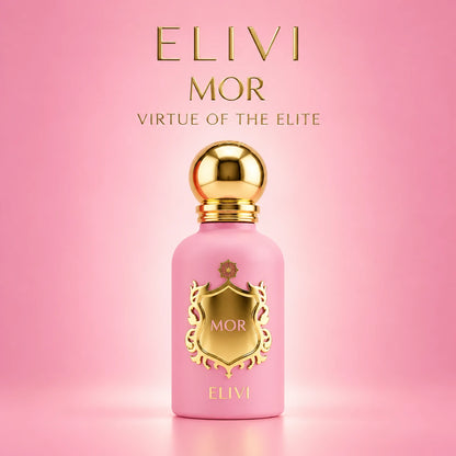 Elivi Mor Virtue of the Elite de 50 ml sobre fondo rosa degradado con la marca y la referencia en letras doradas