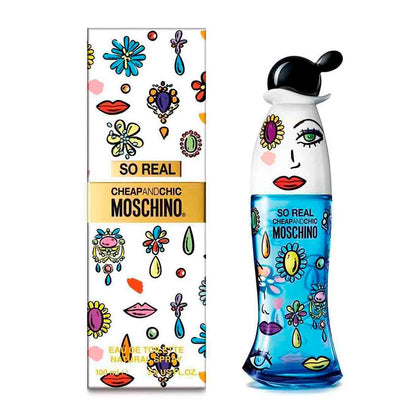 moschino so real cheap and chic perfume 100ml edt para mujer con fragancia floral frutal en frasco colorido característico de la marca