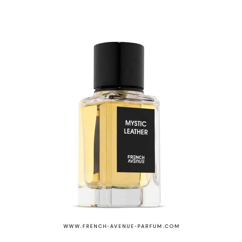 vista lateral del perfume Mystic Leather French Avenue 100ml mostrando forma y estilo