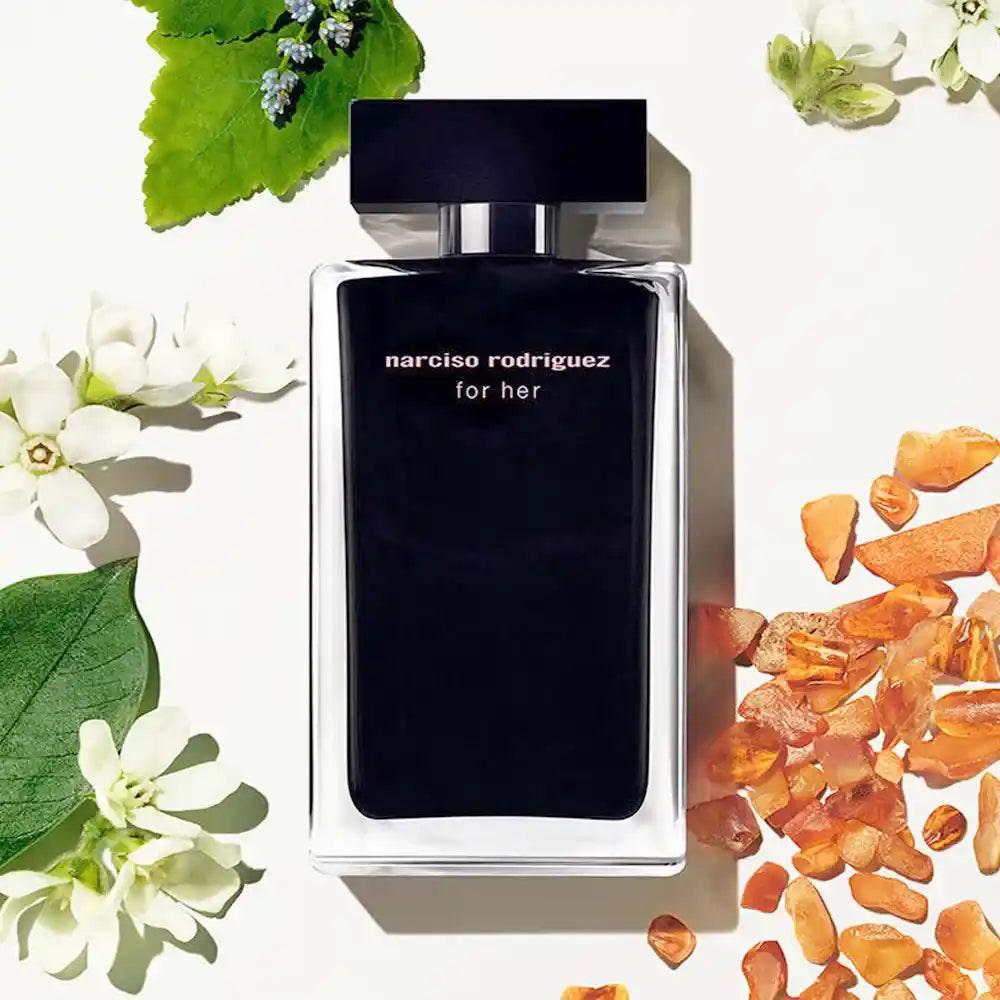 Frasco frontal de Narciso Rodriguez For Her EDT 100 ml, perfume floral almizclado para mujer.