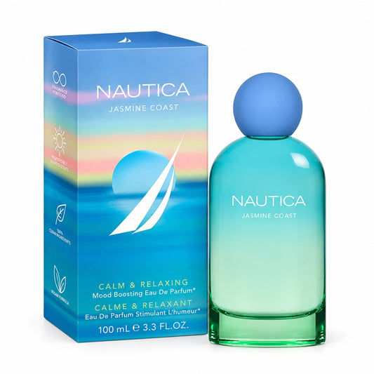 Frasco turquesa con tapa azul y caja de Nautica Jasmine Coast Eau de Parfum de 100 ml para mujer sobre fondo blanco