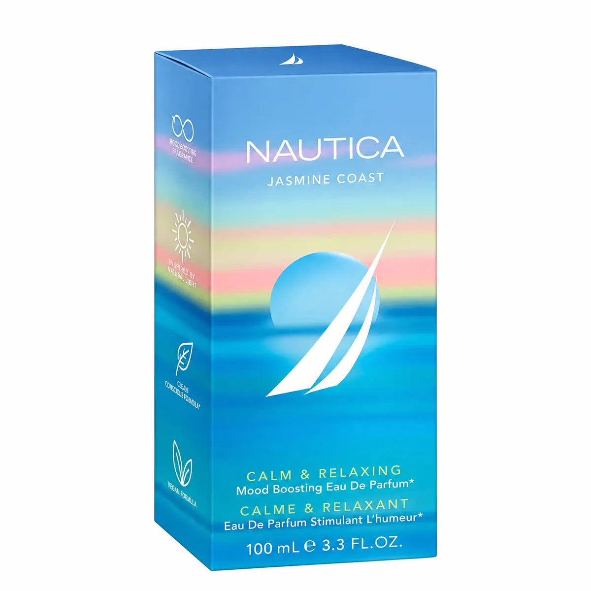 caja original de perfume nautica jasmine coast edp 100 ml para mujer sobre fondo blanco