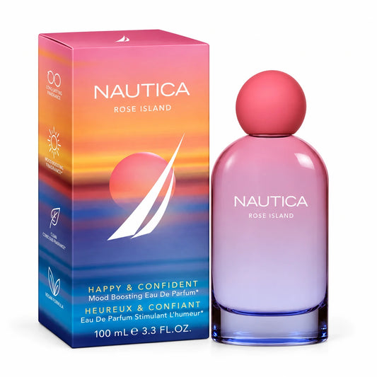 Frasco rosa y lavanda con caja de Nautica Rose Island Eau de Parfum de 100 ml para mujer sobre fondo blanco