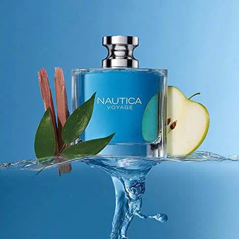 detalle del perfume nautica voyage para hombre de 100 ml resaltando frescura marina y elegancia natural en frasco azul claro