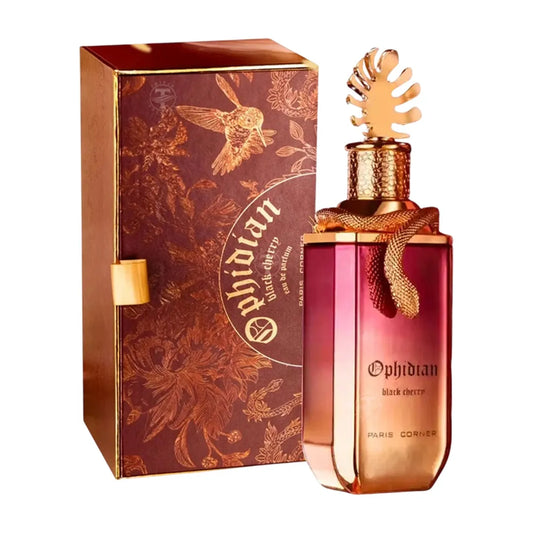 imagen del frasco Ophidian Black Cherry Paris Corner de frente con detalle del diseño oscuro