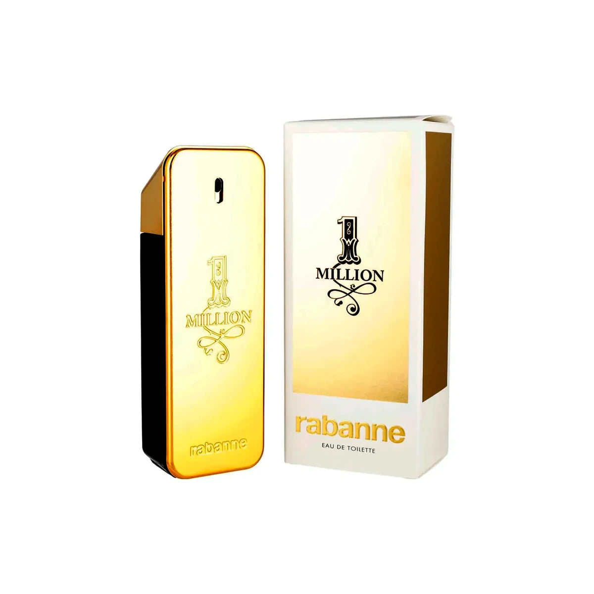 Perfume Paco Rabanne 1 Million EDT 200 ml para hombre con frasco dorado y caja blanca y dorada sobre fondo blanco