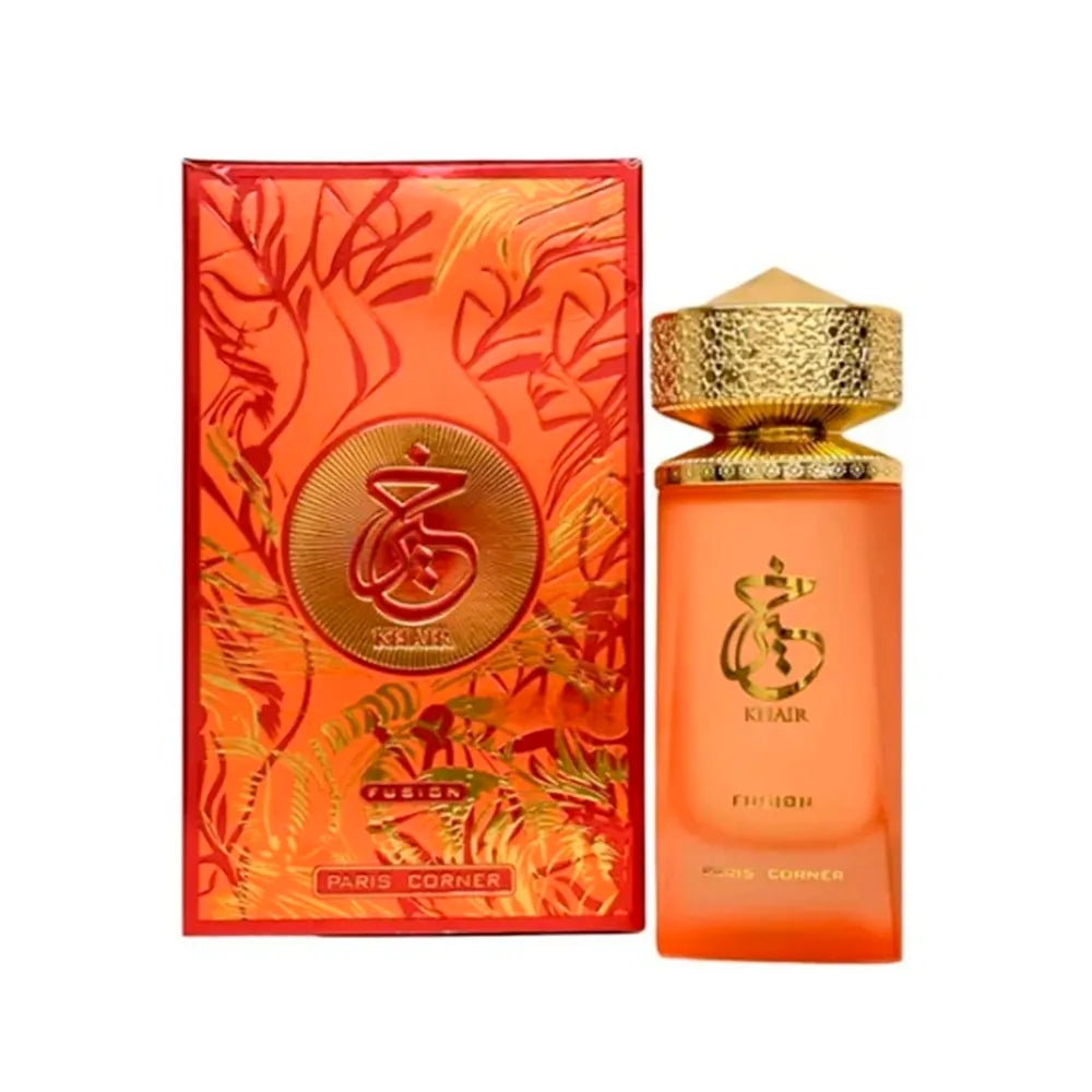 paris corner khair fusion perfume edp 100ml fragancia oriental amaderada especiada para hombres y mujeres en frasco elegante de diseño moderno