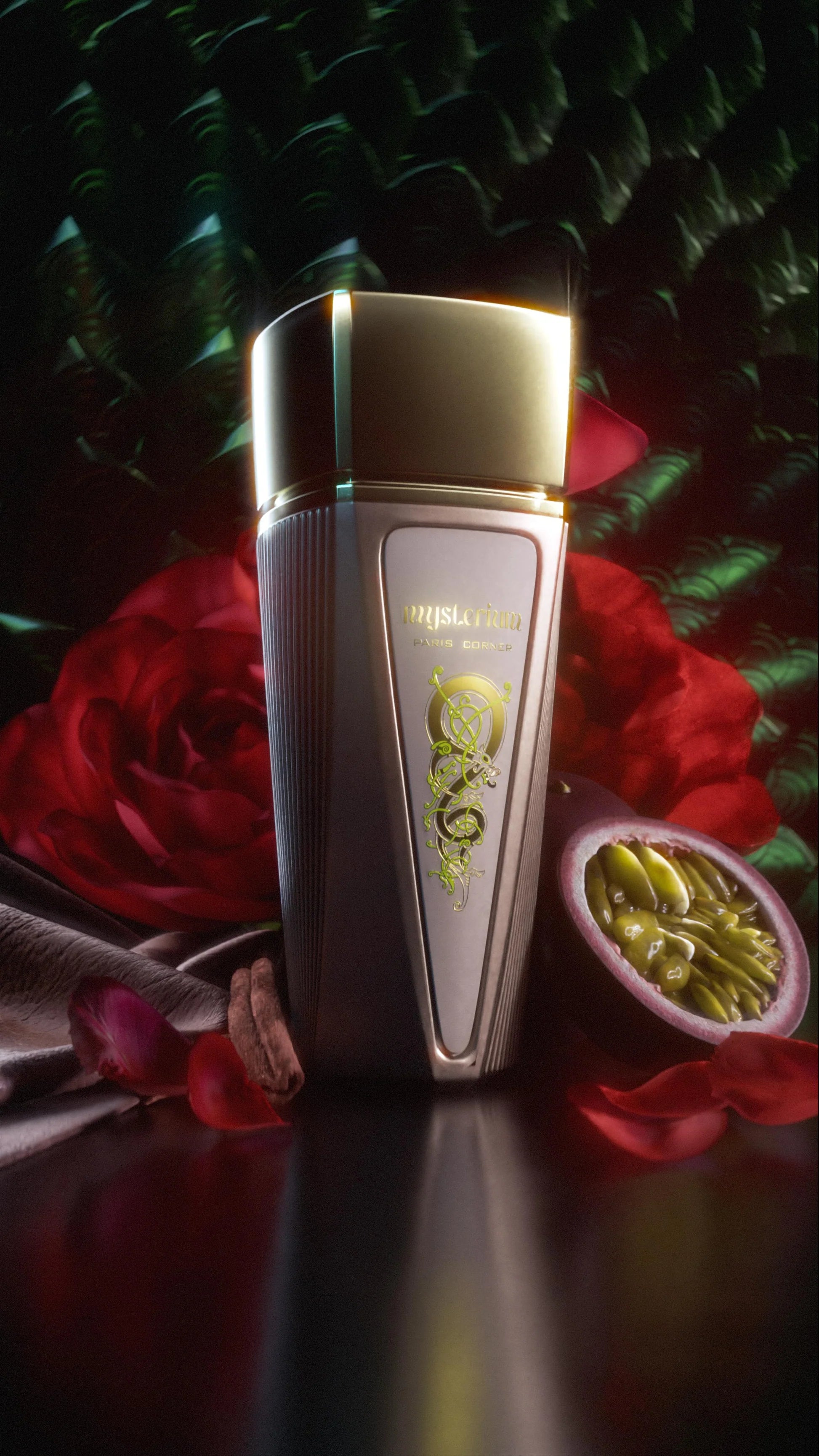 imagen artística del perfume mysterium paris corner sobre fondo oscuro mostrando su esencia amaderada y especiada