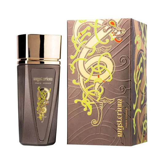 imagen del perfume paris corner mysterium eau de parfum mostrando su frasco oscuro y elegante con reflejos metálicos