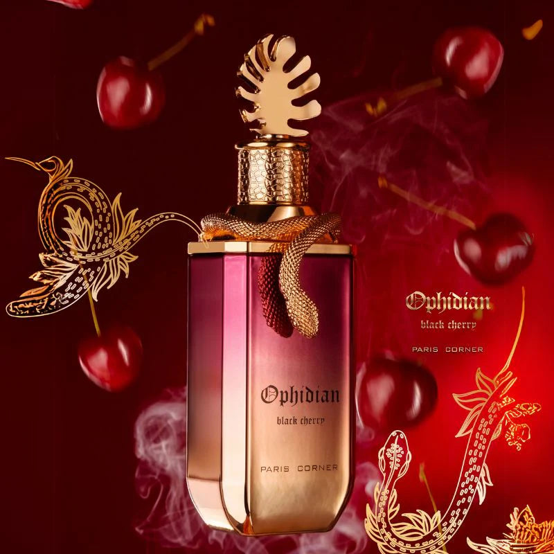 imagen de la caja del perfume Paris Corner Ophidian Black Cherry mostrando su presentación original