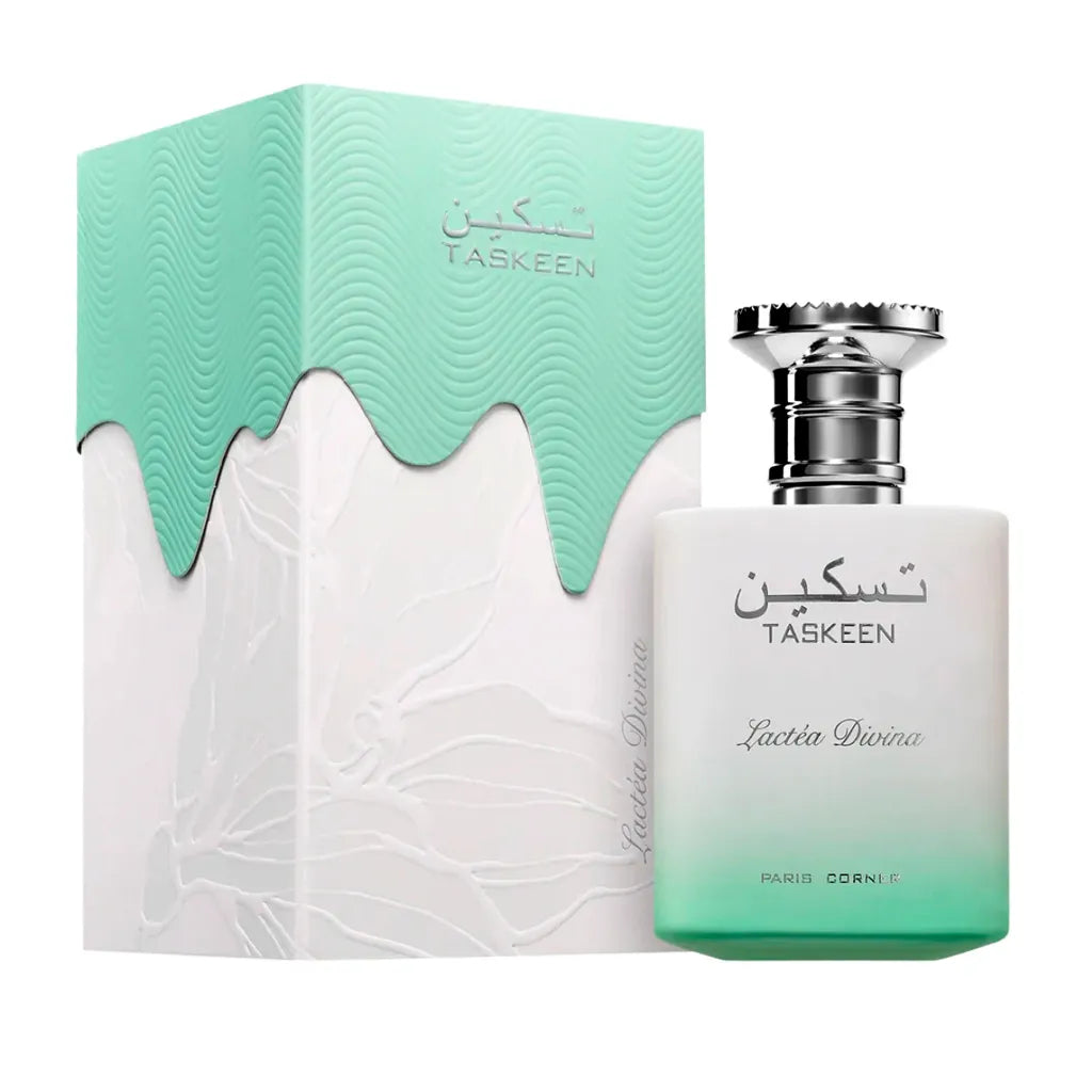 imagen del perfume paris corner taskeen lactea divina mostrando su frasco elegante con tonos claros y detalles dorados