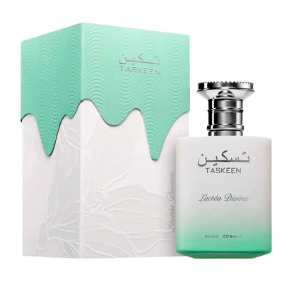 imagen del perfume paris corner taskeen lactea divina mostrando su frasco elegante con tonos claros y detalles dorados