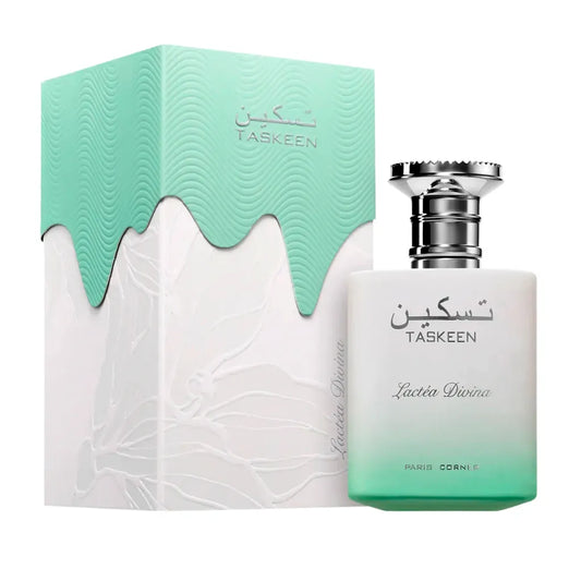 imagen del perfume paris corner taskeen lactea divina mostrando su frasco elegante con tonos claros y detalles dorados