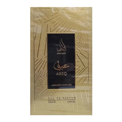 Botella negra elegante de perfume Abeq Amaleen con detalles dorados

