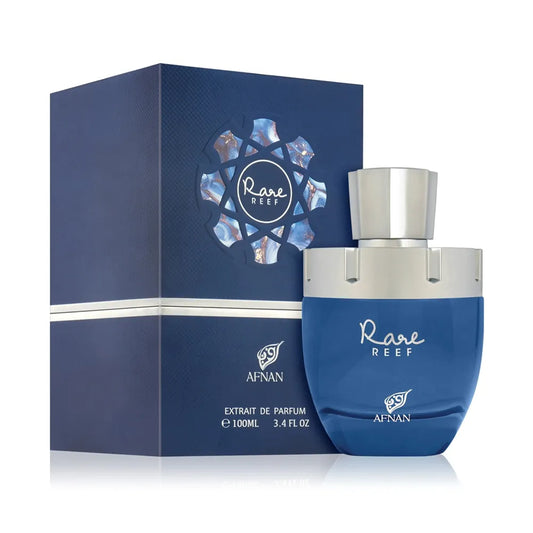 Botella azul turquesa Afnan Rare Reef Extrait De Parfum 100ml con textura de coral