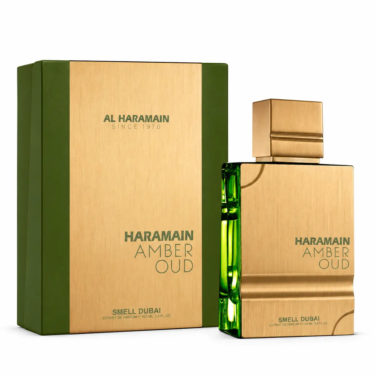 caja y frasco originales de al haramain amber oud smell dubai 100 ml