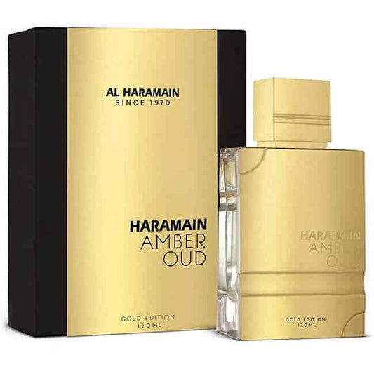 Perfume Amber Oud Gold Edition Al Haramain fragancia oriental intensa con notas de azafrán oud y vainilla presentación de 120 ml Eau de Parfum