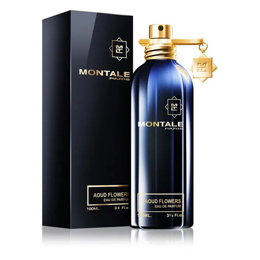 Botella negra Montale Aoud Flowers EDP 100ml con logo plateado y diseño clásico
