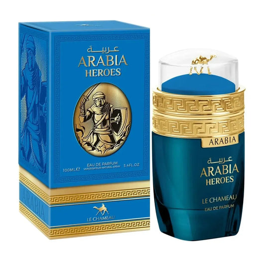 Botella azul Arabia Heroes Le Chameau EDP 100ml con diseño árabe y detalles geométricos
