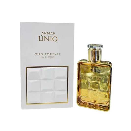 Perfume Armaf Uniq Oud Forever 100ml Eau de Parfum en frasco elegante negro con detalles dorados y tapa dorada

