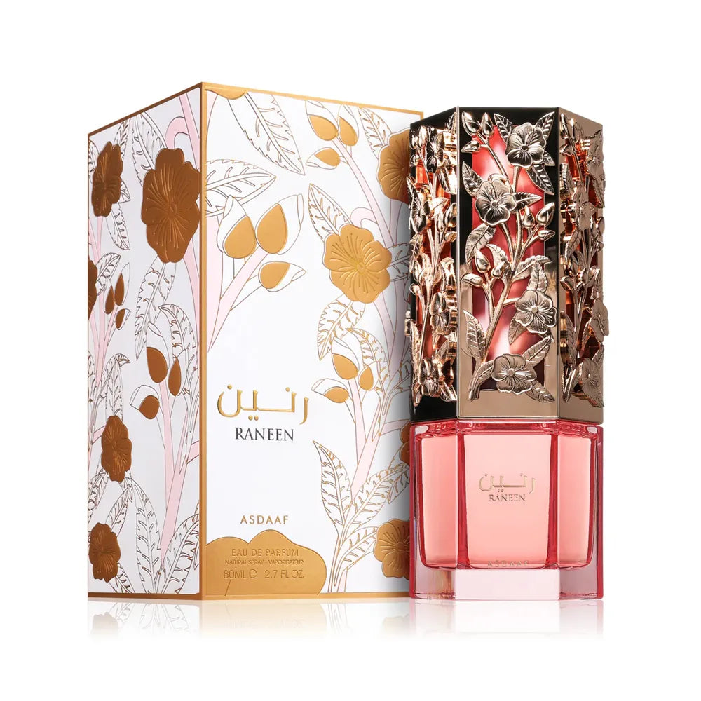 Botella rosa Asdaaf Raneen EDP 100ml con diseño oriental y detalles dorados