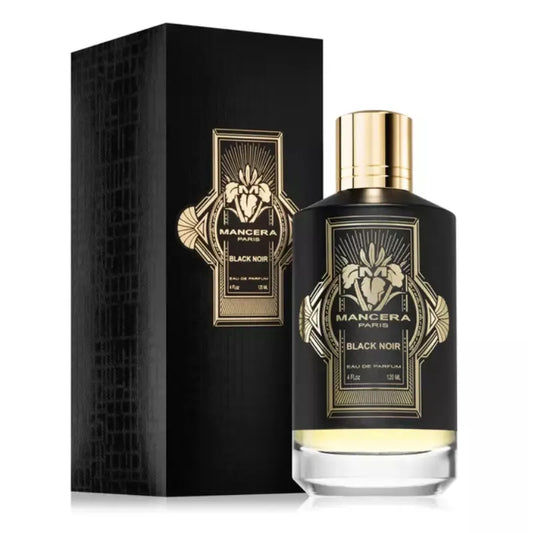 Botella negra del perfume Black Noir Mancera 120ml EDP con detalles dorados y diseño elegante