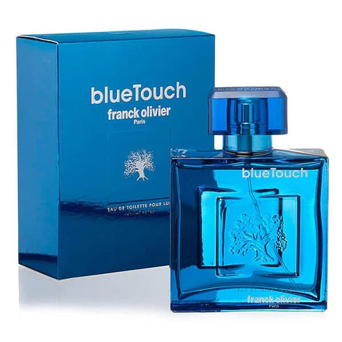 Botella azul Franck Olivier Blue Touch 100ml con diseño ergonómico y detalles plateados