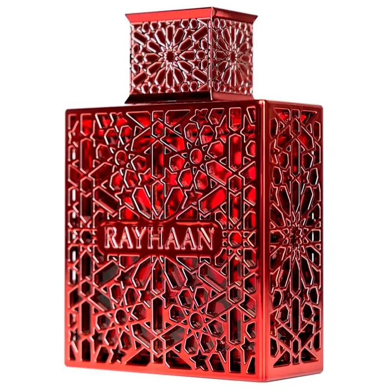 Botella roja perfume Crimson Rayhaan EDP 100ml para hombre con diseño elegante
