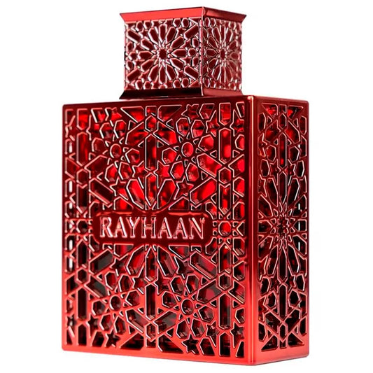 Botella roja perfume Crimson Rayhaan EDP 100ml para hombre con diseño elegante
