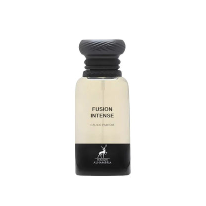 presentación completa del perfume fusion intense maison alhambra 80 ml junto a su caja original con tonos metálicos y acabado brillante