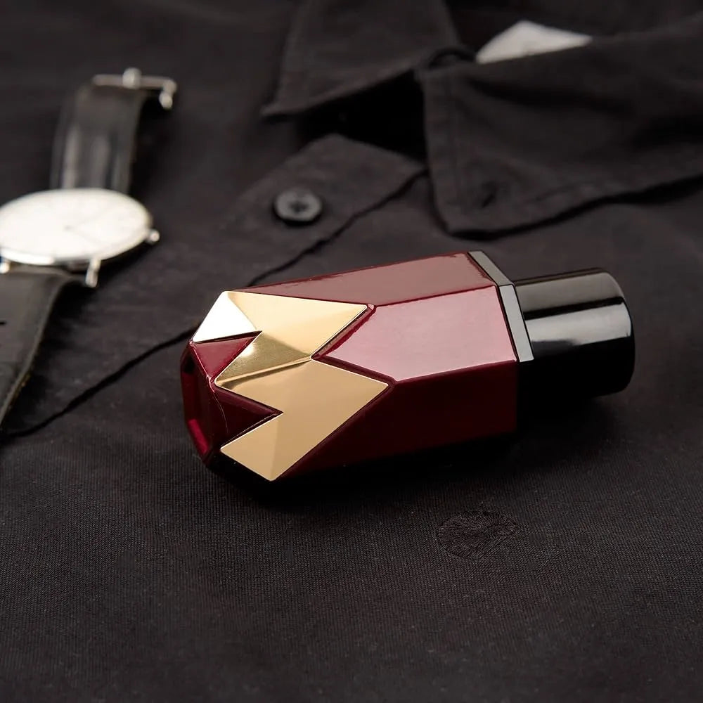 presentación completa del perfume garnet for kings royalty by maluma 75 ml junto a su caja original color granate y dorado