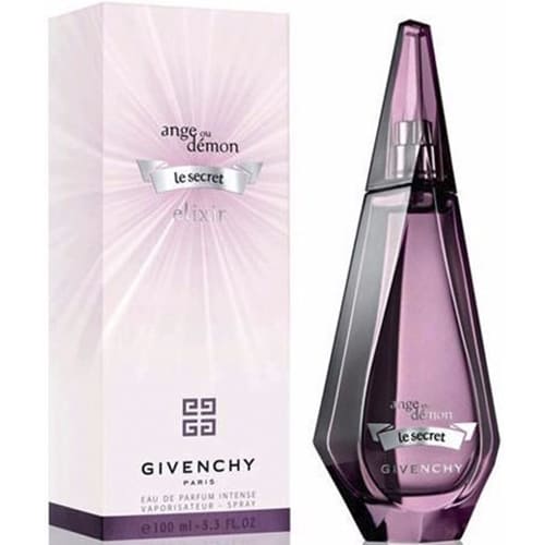 Botella negra Givenchy Ange Ou Demon Le Secret Elixir 100ml con detalles dorados y plateados