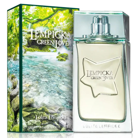 Botella verde esmeralda de perfume Green Lover Lolita Lempicka con diseño moderno
