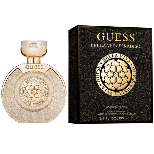 perfume guess bella vita paradiso para mujer en frasco rosa con detalles dorados y tapón dorado
