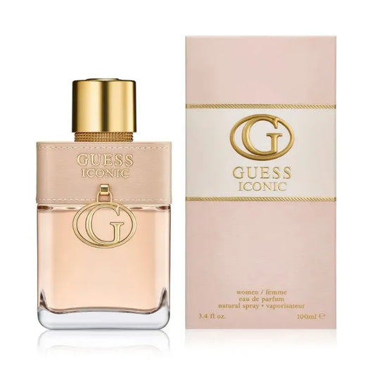 perfume guess iconic para mujer en frasco transparente con detalles dorados y tapa dorada