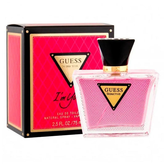 perfume guess im yours seductive para mujer en frasco rosa con detalles plateados y tapa negra