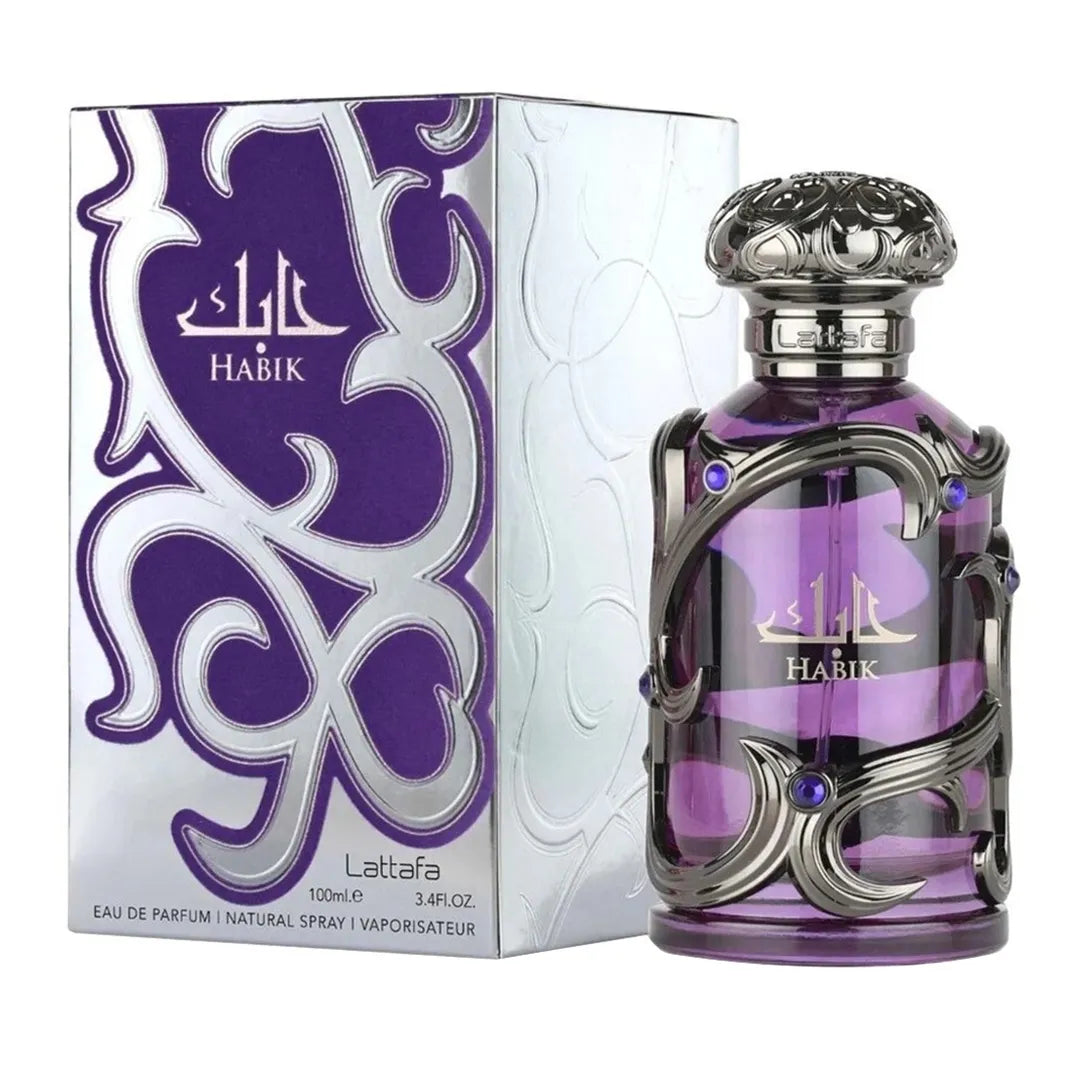 Frasco del perfume Habik For Men Lattafa 100 ml con diseño oscuro y detalles dorados