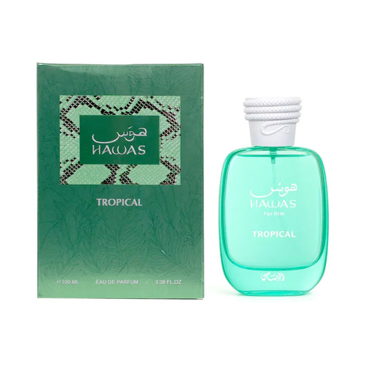 Botella azul turquesa Hawas Tropical Rasasi EDP 100ml con diseño playero y detalles dorados