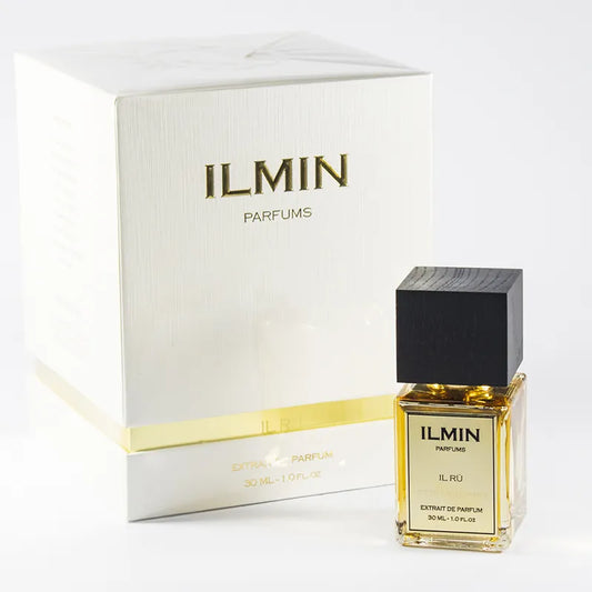 perfume il ru ilmin parfums en frasco negro opaco con detalles metálicos y minimalistas