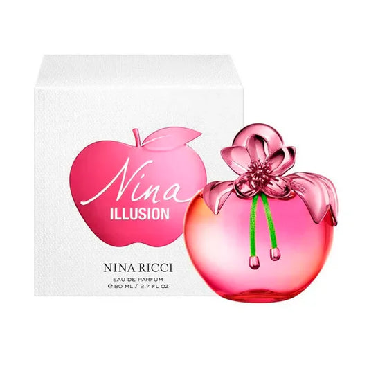 Botella rosa del perfume Illusion Nina Ricci 80ml EDP con diseño de manzana y detalles dorados